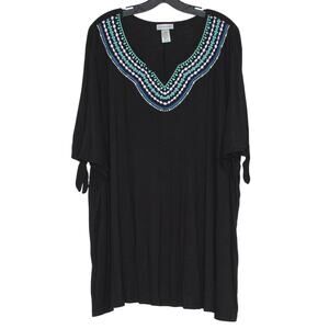 Catherines Plus Size 3X Black Embroidered Split Neck Top Boho Casual Resort Work